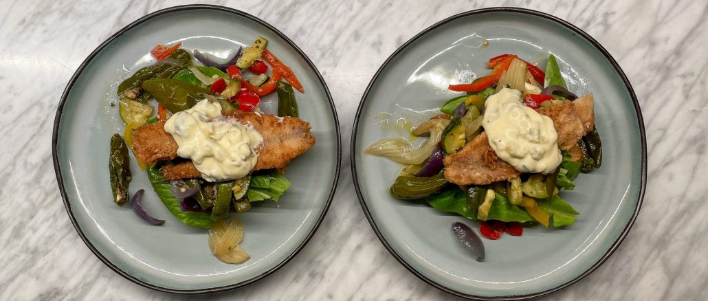 Smörrebröd med abborre på rostade grönsaker och min egen remouladesås